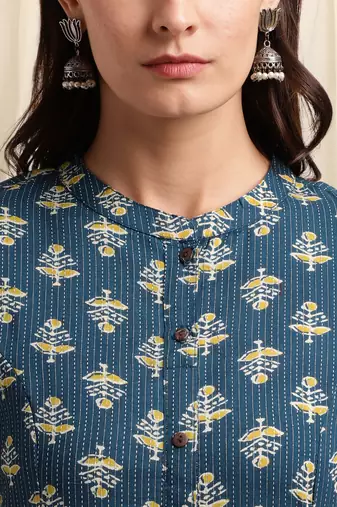 Blue mustard cotton block printed princess line kantha work buttons kurta for women