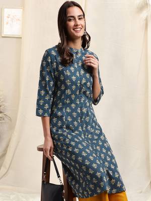 Blue mustard cotton block printed princess line kantha work buttons kurta for women 5