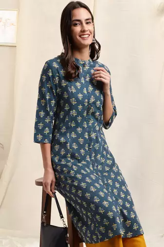Blue mustard cotton block printed princess line kantha work buttons kurta for women