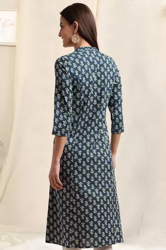 Blue off white cotton paisley printed princess line kantha work buttons kurta for women