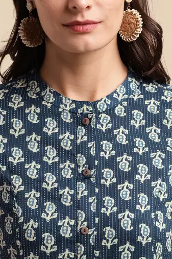 Blue off white cotton paisley printed princess line kantha work buttons kurta for women