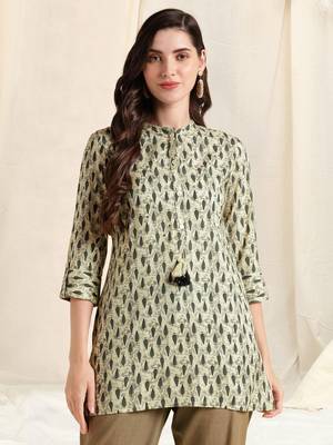 Off white grey rayon block print mirror embroidery buttonstassels kurta for women 1