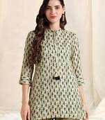 Off white grey rayon block print mirror embroidery buttonstassels kurta for women