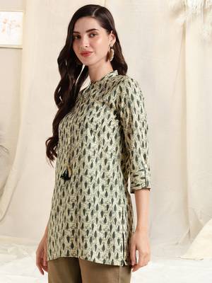 Off white grey rayon block print mirror embroidery buttonstassels kurta for women 2
