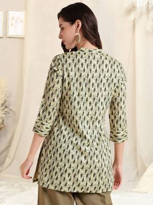 Off white grey rayon block print mirror embroidery buttonstassels kurta for women 3