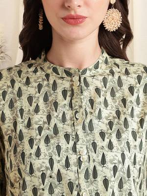 Off white grey rayon block print mirror embroidery buttonstassels kurta for women 4