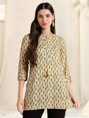 Off white brown rayon block print mirror embroidery buttonstassels kurta for women 1