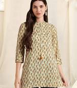 Off white brown rayon block print mirror embroidery buttonstassels kurta for women