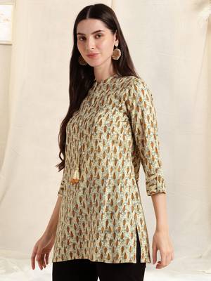 Off white brown rayon block print mirror embroidery buttonstassels kurta for women 2