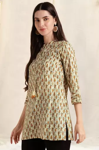 Off white brown rayon block print mirror embroidery buttonstassels kurta for women