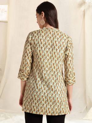 Off white brown rayon block print mirror embroidery buttonstassels kurta for women 3