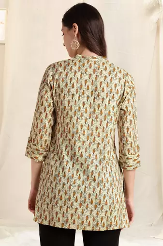 Off white brown rayon block print mirror embroidery buttonstassels kurta for women