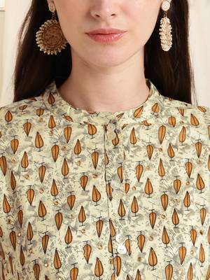 Off white brown rayon block print mirror embroidery buttonstassels kurta for women 4
