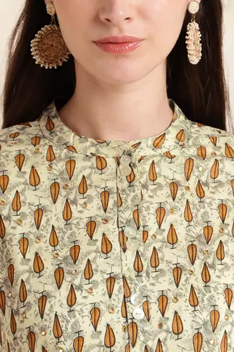 Off white brown rayon block print mirror embroidery buttonstassels kurta for women