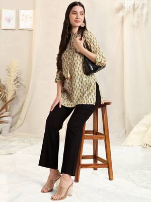 Off white brown rayon block print mirror embroidery buttonstassels kurta for women 5
