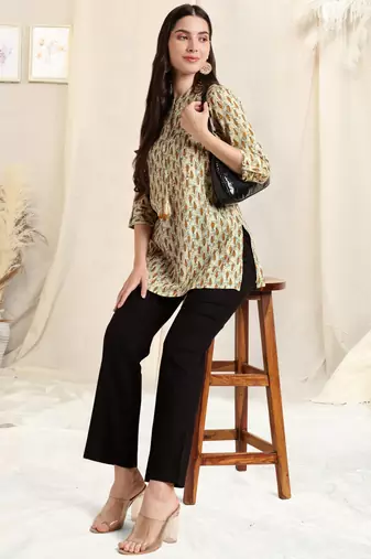 Off white brown rayon block print mirror embroidery buttonstassels kurta for women