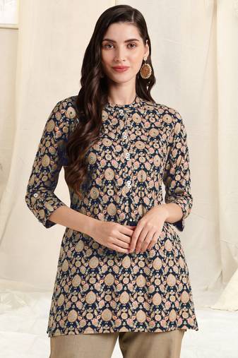Navy blue beige rayon ajrak print mirror embroidery buttonstassels kurta for women