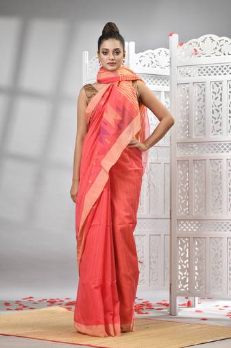 Peach cotton blend all body motive with beige pallu handloom saree