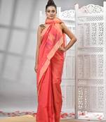 Peach cotton blend all body motive with beige pallu handloom saree