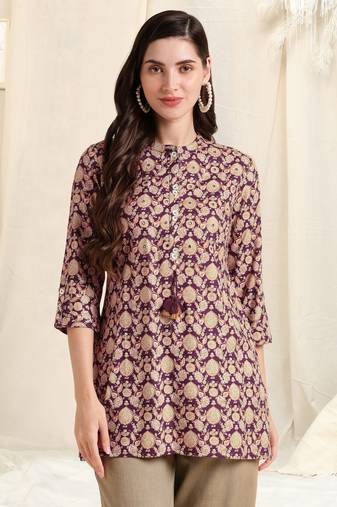 Wine beige rayon ajrak print mirror embroidery buttonstassels kurta for women