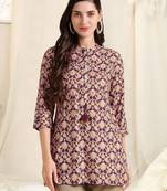 Wine beige rayon ajrak print mirror embroidery buttonstassels kurta for women