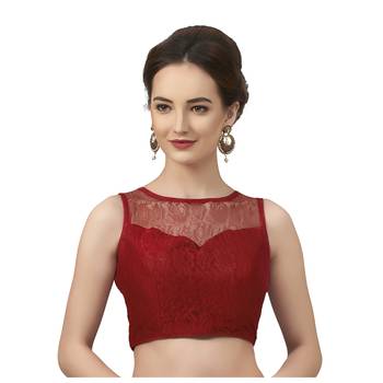 High Neck Maroon Full Net Padded Sleeveless Readymade Saree Blouse 1
