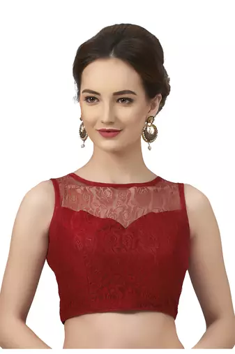 High Neck Maroon Full Net Padded Sleeveless Readymade Saree Blouse