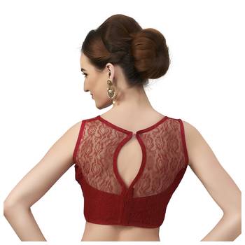 High Neck Maroon Full Net Padded Sleeveless Readymade Saree Blouse 2