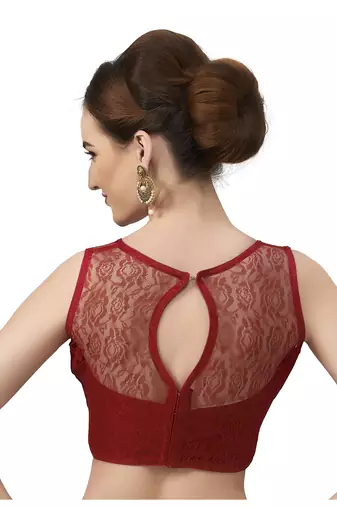 High Neck Maroon Full Net Padded Sleeveless Readymade Saree Blouse