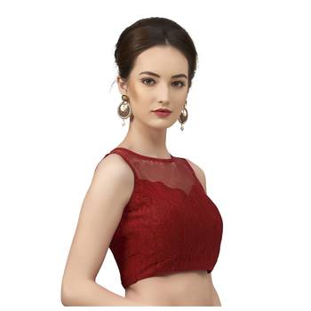 High Neck Maroon Full Net Padded Sleeveless Readymade Saree Blouse 3
