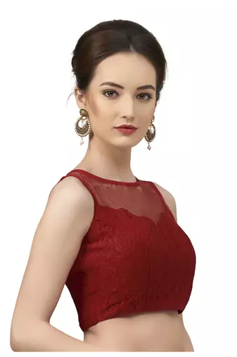 High Neck Maroon Full Net Padded Sleeveless Readymade Saree Blouse