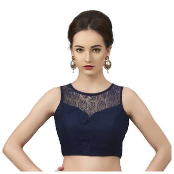 High Neck Navy Blue Full Net Padded Sleeveless Readymade Saree Blouse 1