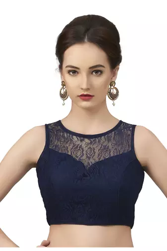High Neck Navy Blue Full Net Padded Sleeveless Readymade Saree Blouse