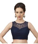High Neck Navy Blue Full Net Padded Sleeveless Readymade Saree Blouse