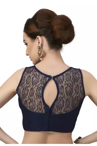 High Neck Navy Blue Full Net Padded Sleeveless Readymade Saree Blouse