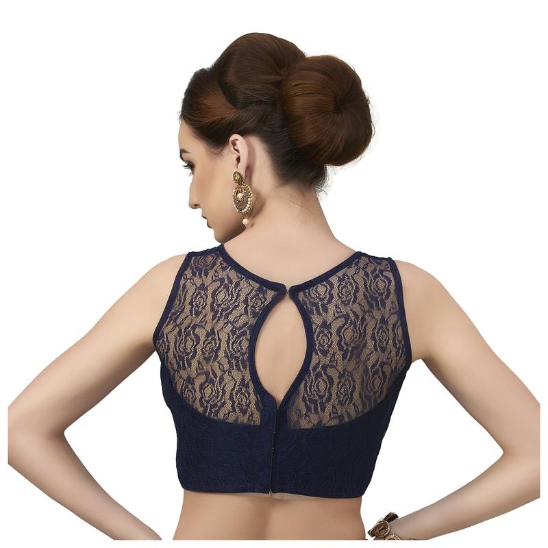 High Neck Navy Blue Full Net Padded Sleeveless Readymade Saree Blouse