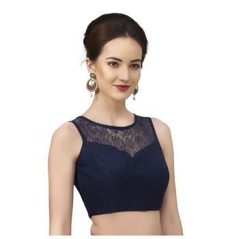 High Neck Navy Blue Full Net Padded Sleeveless Readymade Saree Blouse 3