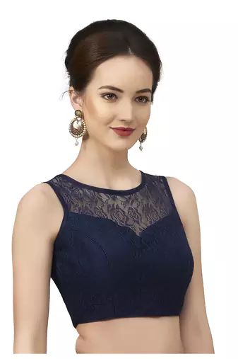 High Neck Navy Blue Full Net Padded Sleeveless Readymade Saree Blouse