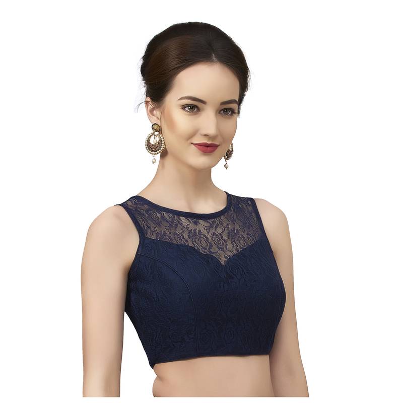 High Neck Navy Blue Full Net Padded Sleeveless Readymade Saree Blouse