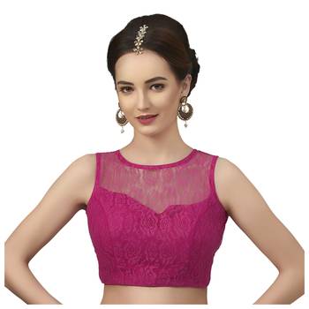 High Neck Rani  Blue Full Net Padded Sleeveless Readymade Saree Blouse 1