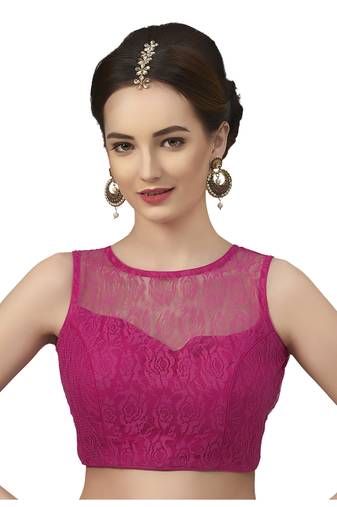 High Neck Rani  Blue Full Net Padded Sleeveless Readymade Saree Blouse