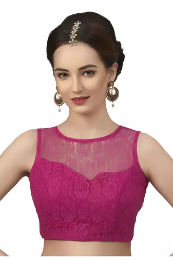 High Neck Rani  Blue Full Net Padded Sleeveless Readymade Saree Blouse