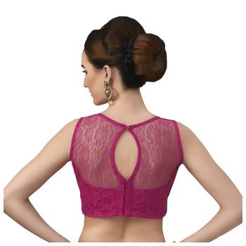 High Neck Rani  Blue Full Net Padded Sleeveless Readymade Saree Blouse 2