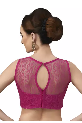 High Neck Rani  Blue Full Net Padded Sleeveless Readymade Saree Blouse