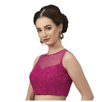 High Neck Rani  Blue Full Net Padded Sleeveless Readymade Saree Blouse 3