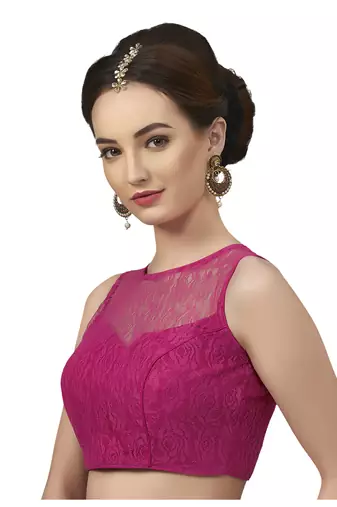 High Neck Rani  Blue Full Net Padded Sleeveless Readymade Saree Blouse