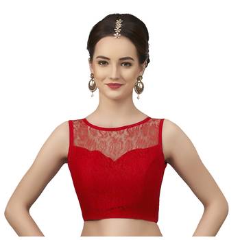 High Neck Red Full Net Padded Sleeveless Readymade Saree Blouse 1