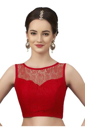 High Neck Red Full Net Padded Sleeveless Readymade Saree Blouse