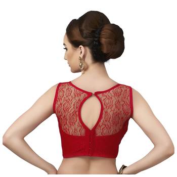 High Neck Red Full Net Padded Sleeveless Readymade Saree Blouse 2