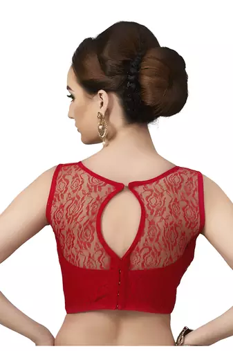 High Neck Red Full Net Padded Sleeveless Readymade Saree Blouse